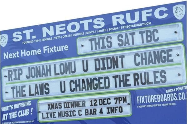 readerboard erected at st neots rugby club with testimonial to Jonah Lomo copy