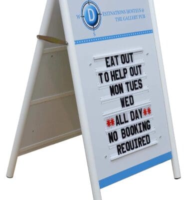 free standing A frame or pavement sanwich board with changeable letters in tracks